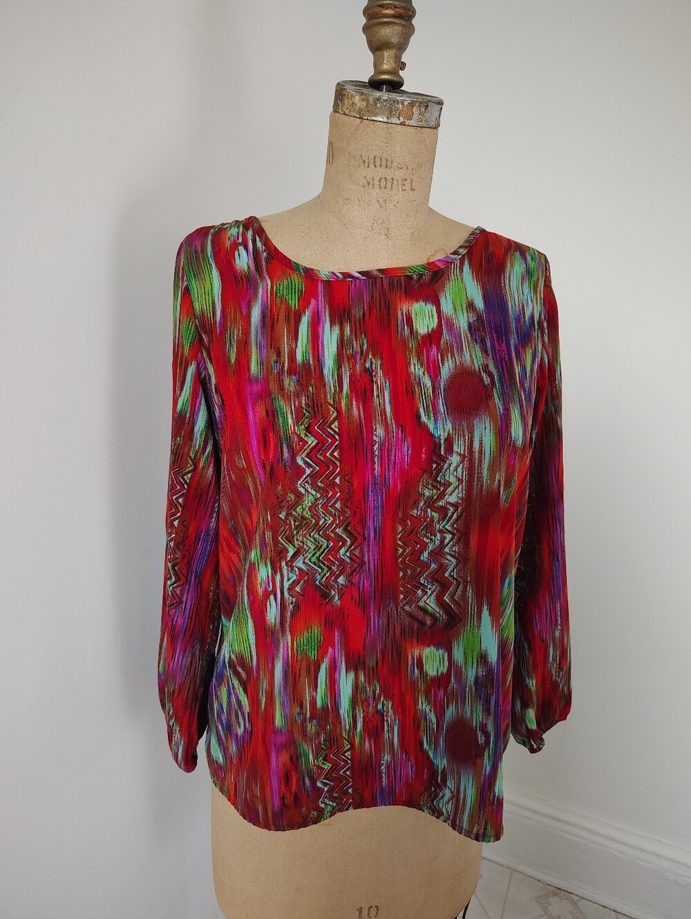 Karlie Multicolor Red Green Printed Long-Sleeve Blouse